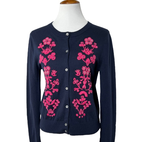 J. Crew Sweaters - J. Crew Pearl Embellished Floral Embroidered Navy Blue Button Front Sweater
